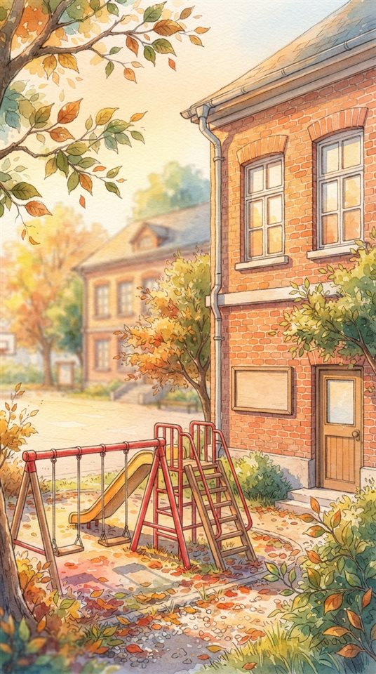 Watercolor illustration of a school building with a playground, close-up detail with shallow depth of field, warm golden light, calm mood, 9:16 aspect ratio