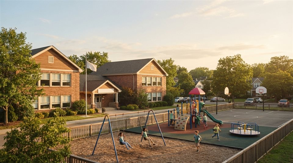 Photorealistic photo of a school building with a playground, wide shot with open space at the top for text, warm golden light, calm mood, 16:9 aspect ratio