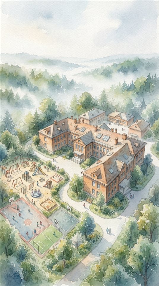 Watercolor illustration of a school building with a playground, high-angle view from above, misty morning haze, dreamy, 9:16 aspect ratio
