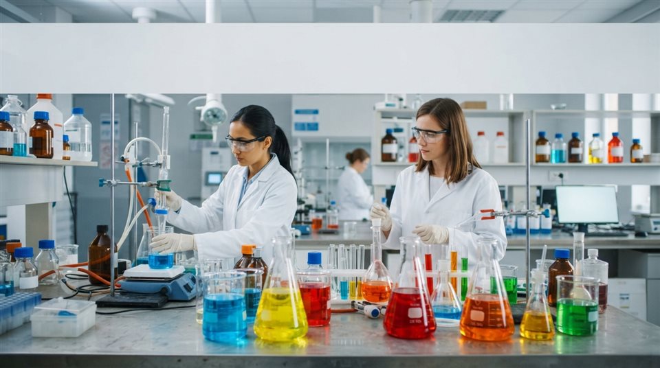 Photorealistic photo of science lab beakers with colorful liquids, wide shot with open space at the top for text, vivid colors, high contrast, energetic, 16:9 aspect ratio