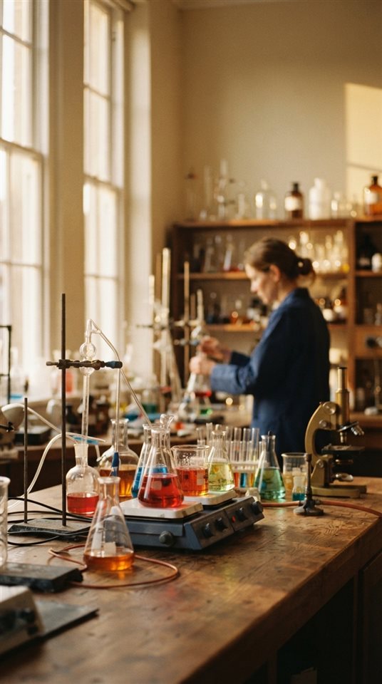 Cinematic film still of science lab beakers with colorful liquids, wide shot with open space at the top for text, warm golden light, calm mood, 9:16 aspect ratio