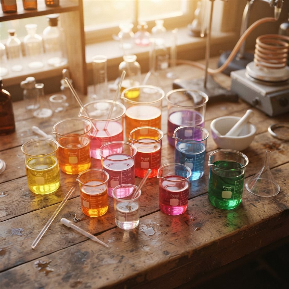 Photorealistic photo of science lab beakers with colorful liquids, high-angle view from above, warm golden light, calm mood, 1:1 aspect ratio
