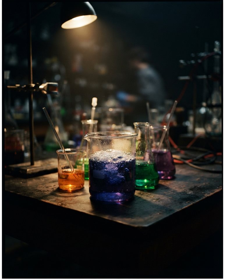 알록달록한 액체가 든 실험실 비커, 시네마틱 영화 장면, 가까이 담은 디테일, 얕은 심도, 어두운 톤, 극적인 조명, 4:5 비율