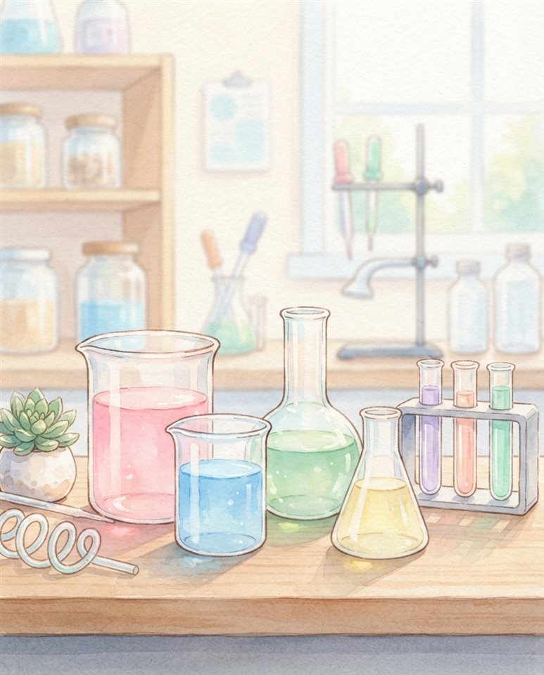 Watercolor illustration of science lab beakers with colorful liquids, centered subject with a simple uncluttered composition, soft pastel colors, bright and cozy, 4:5 aspect ratio
