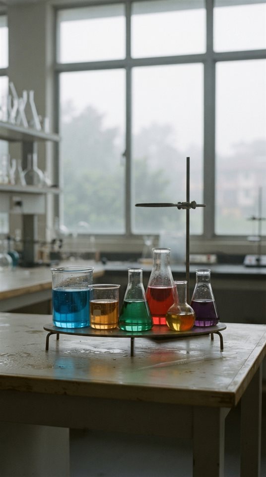 Cinematic film still of science lab beakers with colorful liquids, centered subject with a simple uncluttered composition, misty morning haze, dreamy, 9:16 aspect ratio