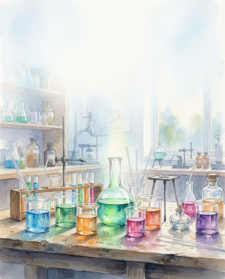 Watercolor illustration of science lab beakers with colorful liquids, wide shot with open space at the top for text, misty morning haze, dreamy, 4:5 aspect ratio