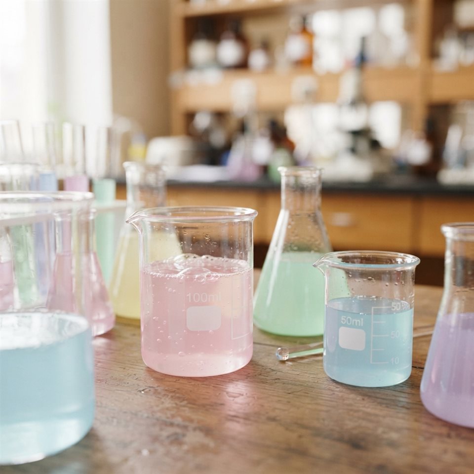 Photorealistic photo of science lab beakers with colorful liquids, close-up detail with shallow depth of field, soft pastel colors, bright and cozy, 1:1 aspect ratio