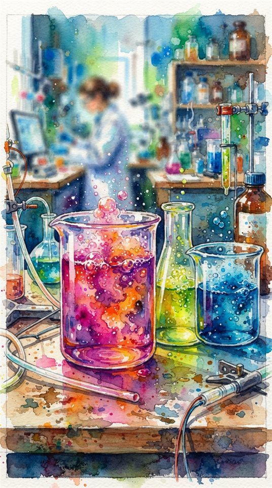 Watercolor illustration of science lab beakers with colorful liquids, close-up detail with shallow depth of field, vivid colors, high contrast, energetic, 9:16 aspect ratio
