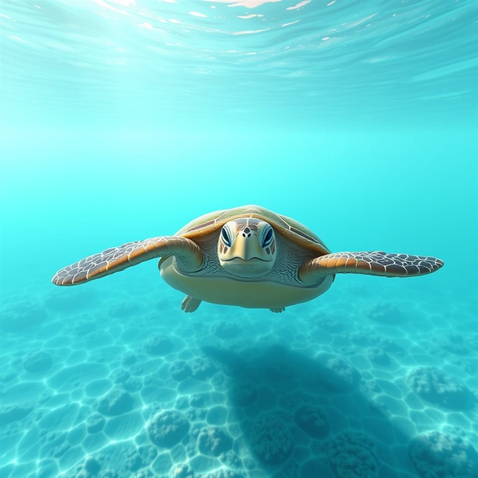 Soft 3D render of A graceful sea turtle swimming smoothly through crystal clear tropical ocean water, wide shot with open space at the top for text, misty morning haze, dreamy, 1:1 aspect ratio