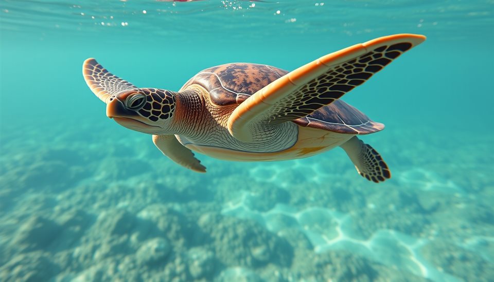 Photorealistic photo of A graceful sea turtle swimming smoothly through crystal clear tropical ocean water, centered subject with a simple uncluttered composition, warm golden light, calm mood, 16:9 aspect ratio