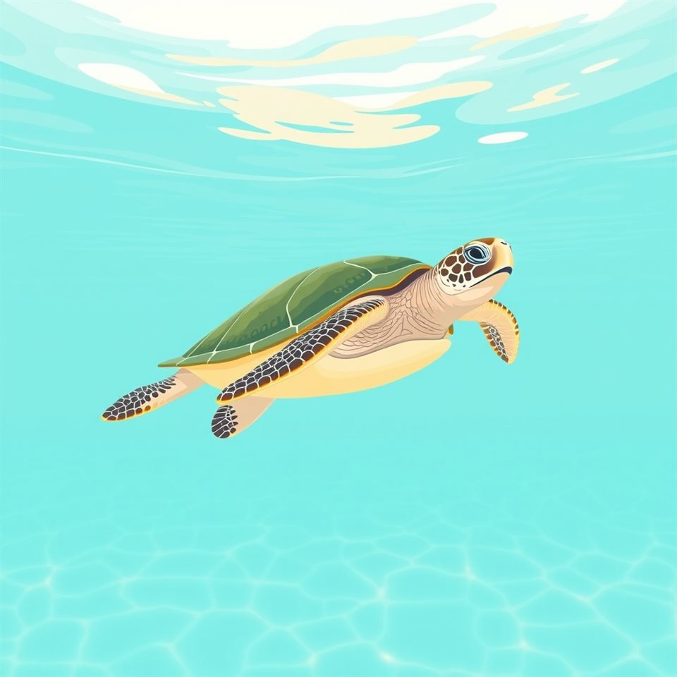 Minimal flat illustration of A graceful sea turtle swimming smoothly through crystal clear tropical ocean water, wide shot with open space at the top for text, soft pastel colors, bright and cozy, 1:1 aspect ratio