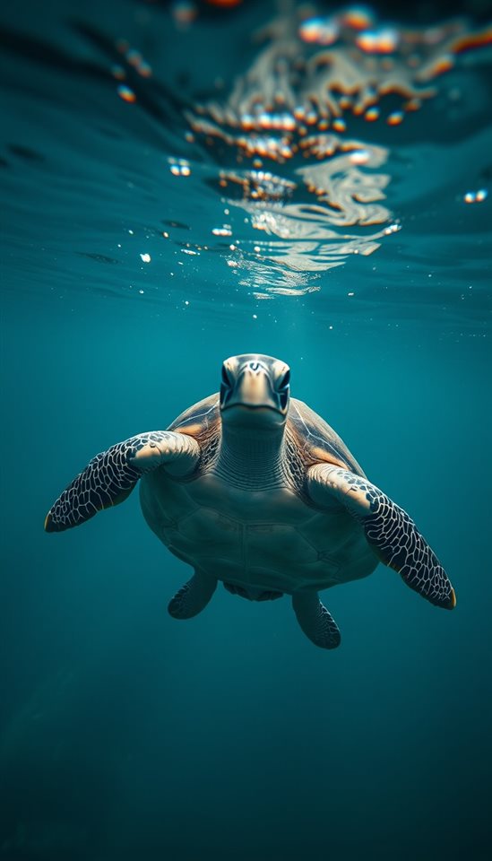 Photorealistic photo of A graceful sea turtle swimming smoothly through crystal clear tropical ocean water, close-up detail with shallow depth of field, moody dark tones, dramatic lighting, 9:16 aspect ratio