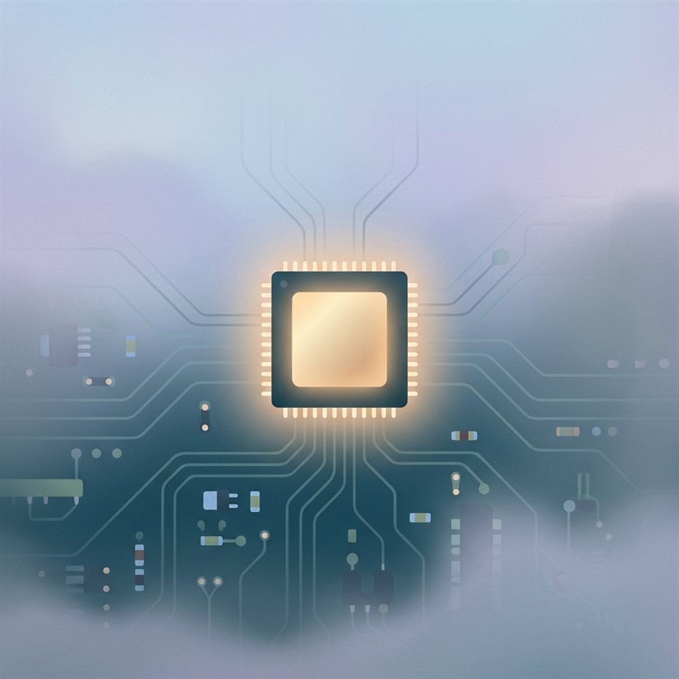 Ilustração plana minimalista de um microchip brilhando em uma placa de circuito, assunto centralizado com uma composição simples e limpa, névoa matinal suave, sonhador, proporção 1:1