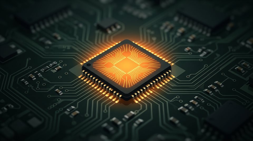 Ilustración plana minimalista de un microchip brillante en una placa de circuito, detalle en primer plano con poca profundidad de campo, tonos oscuros y melancólicos, iluminación dramática, relación de aspecto 16:9