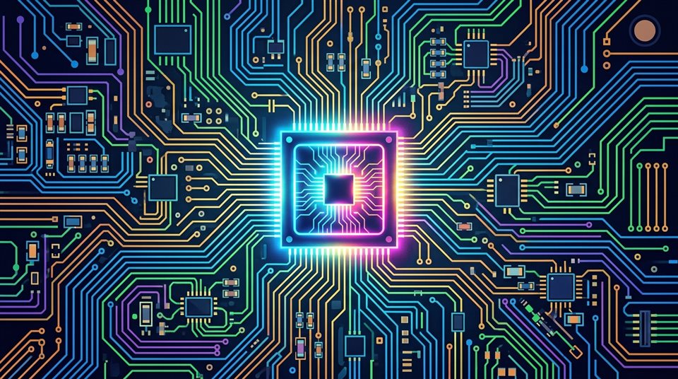 Ilustración plana minimalista de un microchip brillante en una placa de circuito, vista de ángulo picado desde arriba, colores vivos, alto contraste, enérgico, relación de aspecto 16:9
