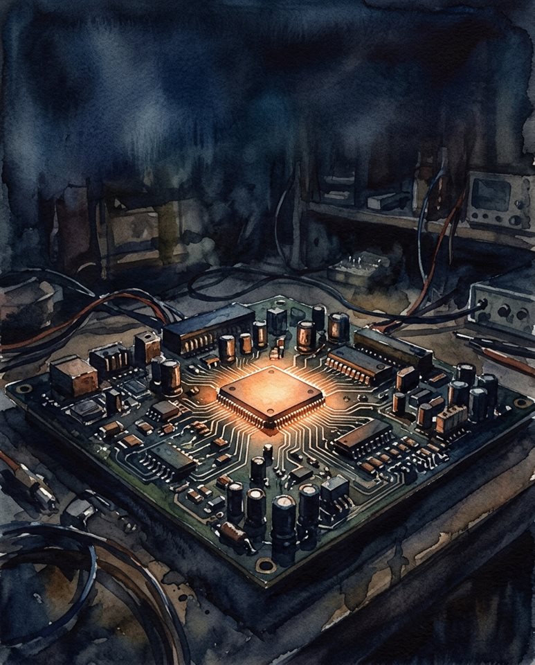 Ilustração em aquarela de um microchip brilhando em uma placa de circuito, plano aberto com espaço livre no topo para texto, tons escuros melancólicos, iluminação dramática, proporção 4:5