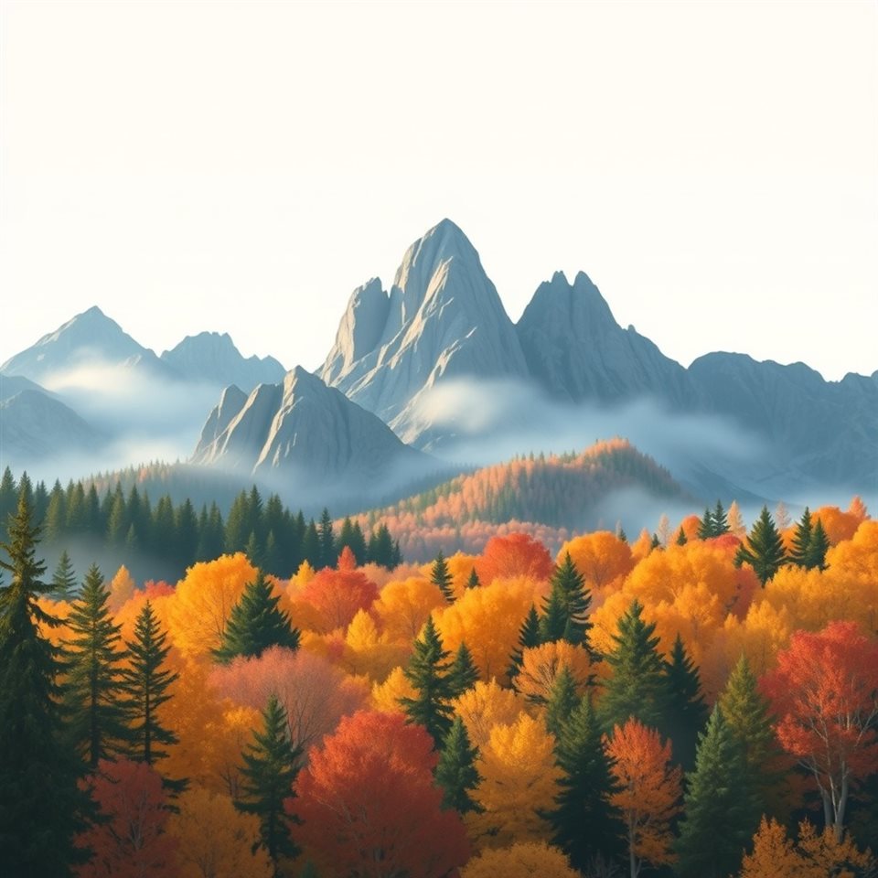Minimal flat illustration of Rugged granite mountain peaks rising above a colorful autumn forest with morning mist., close-up detail with shallow depth of field, soft pastel colors, bright and cozy, 1:1 aspect ratio