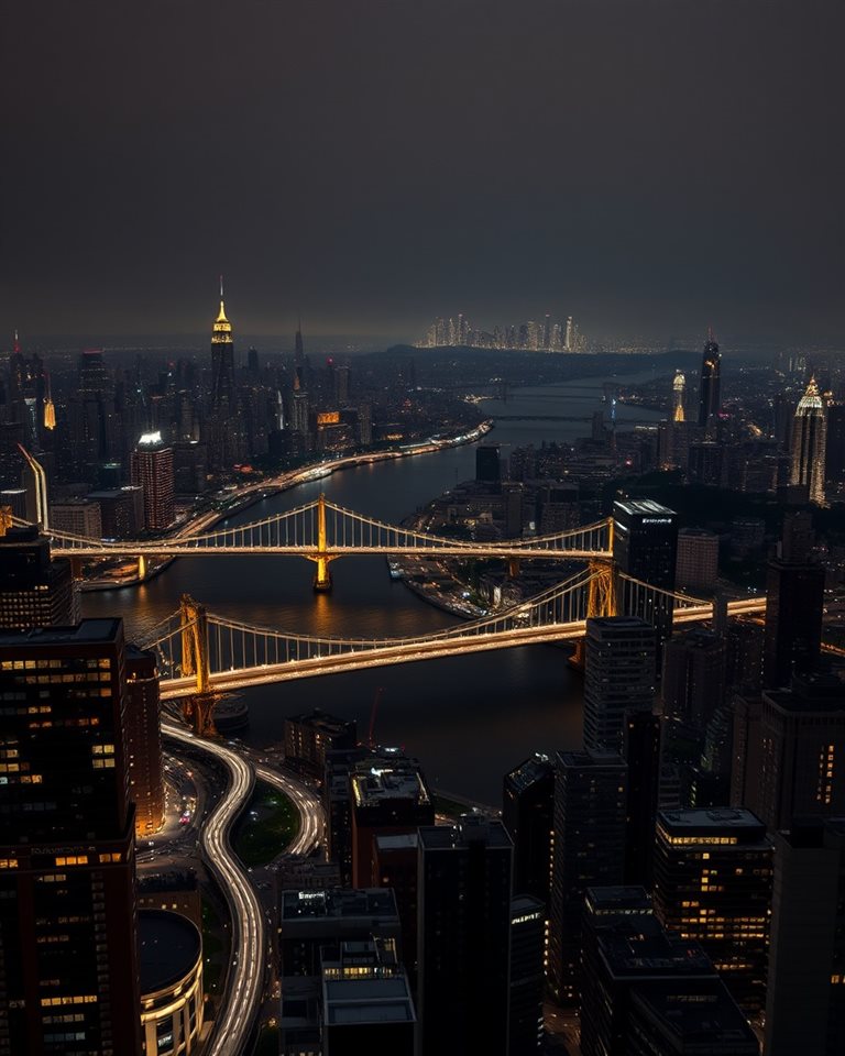 Photorealistic photo of A panoramic night cityscape showing glowing bridges over a wide river and distant skyscrapers., close-up detail with shallow depth of field, moody dark tones, dramatic lighting, 4:5 aspect ratio