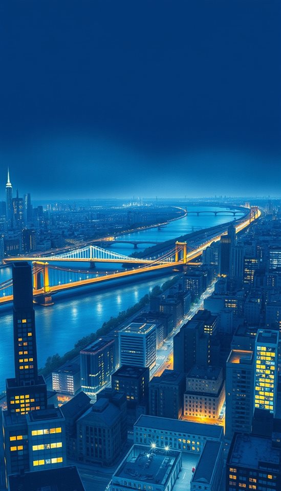 Watercolor illustration of A panoramic night cityscape showing glowing bridges over a wide river and distant skyscrapers., high-angle view from above, cool blue tones, quiet atmosphere, 9:16 aspect ratio