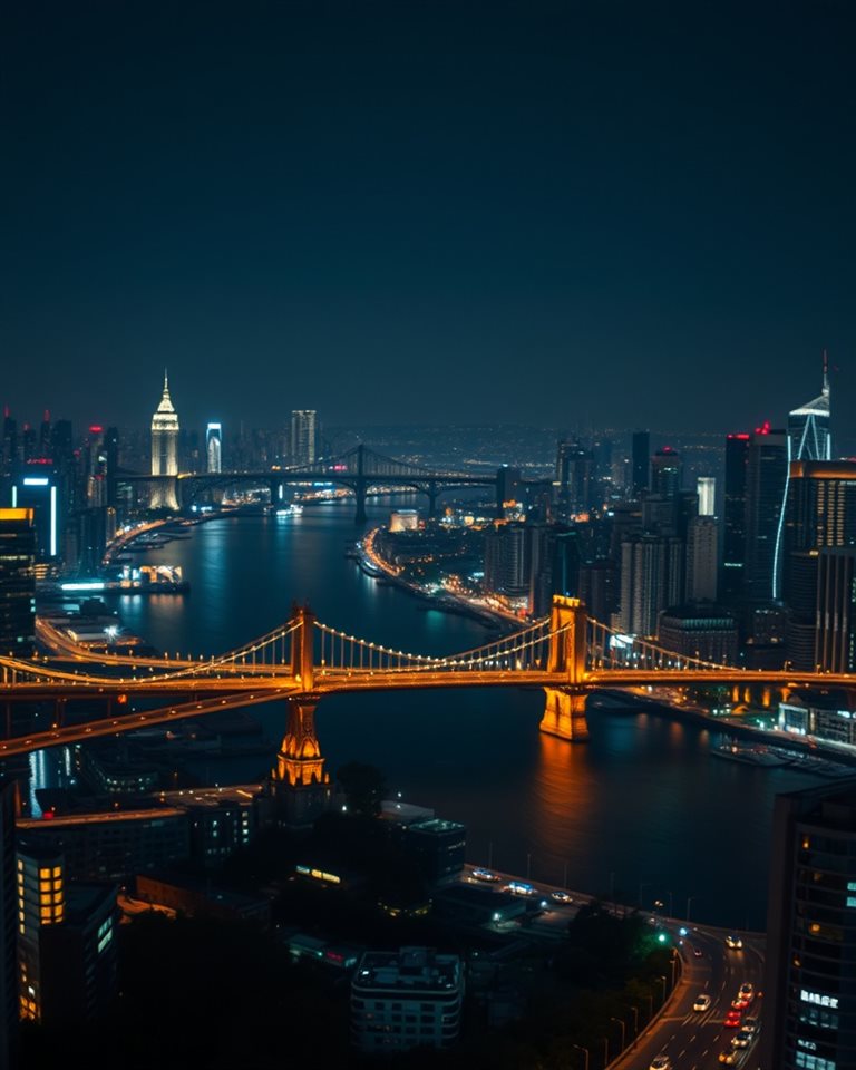 Cinematic film still of A panoramic night cityscape showing glowing bridges over a wide river and distant skyscrapers., close-up detail with shallow depth of field, vivid colors, high contrast, energetic, 4:5 aspect ratio