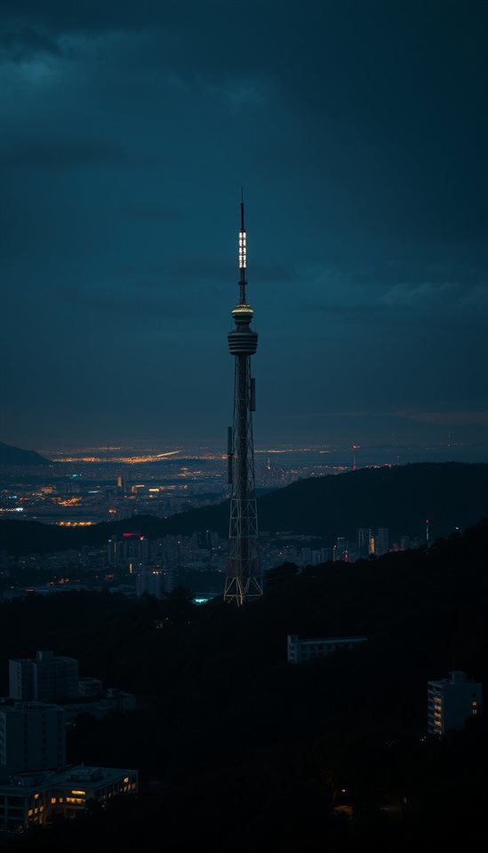 Photorealistic photo of A modern communication tower standing tall on a forested mountain overlooking a sprawling urban skyline at twilight., wide shot with open space at the top for text, moody dark tones, dramatic lighting, 9:16 aspect ratio