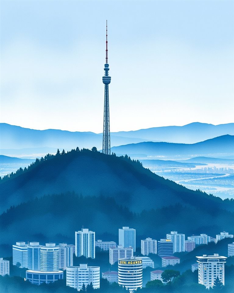 Watercolor illustration of A modern communication tower standing tall on a forested mountain overlooking a sprawling urban skyline at twilight., centered subject with a simple uncluttered composition, cool blue tones, quiet atmosphere, 4:5 aspect ratio
