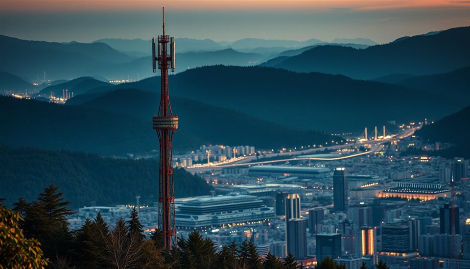 Photorealistic photo of A modern communication tower standing tall on a forested mountain overlooking a sprawling urban skyline at twilight., close-up detail with shallow depth of field, warm golden light, calm mood, 16:9 aspect ratio