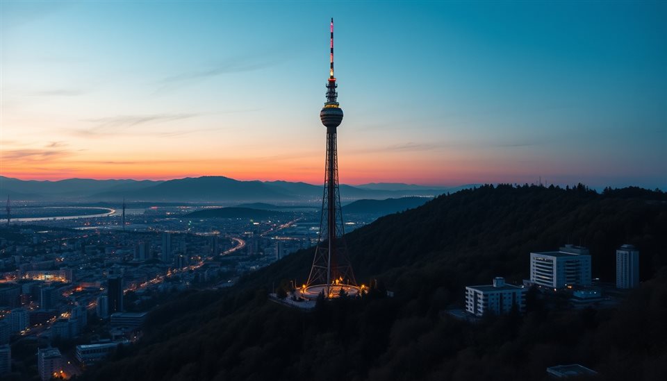 Cinematic film still of A modern communication tower standing tall on a forested mountain overlooking a sprawling urban skyline at twilight., wide shot with open space at the top for text, vivid colors, high contrast, energetic, 16:9 aspect ratio