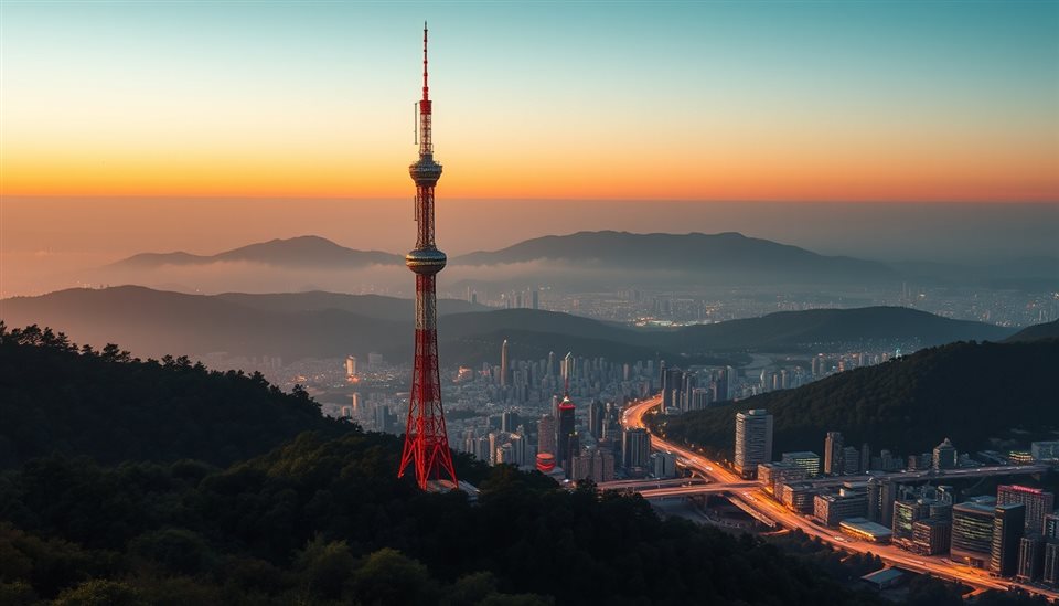 Soft 3D render of A modern communication tower standing tall on a forested mountain overlooking a sprawling urban skyline at twilight., close-up detail with shallow depth of field, misty morning haze, dreamy, 16:9 aspect ratio