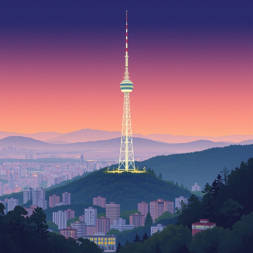 Minimal flat illustration of A modern communication tower standing tall on a forested mountain overlooking a sprawling urban skyline at twilight., high-angle view from above, soft pastel colors, bright and cozy, 1:1 aspect ratio