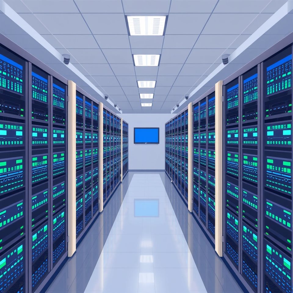Minimal flat illustration of A high-tech server room with rows of racks flashing blue and green LED lights., high-angle view from above, soft pastel colors, bright and cozy, 1:1 aspect ratio