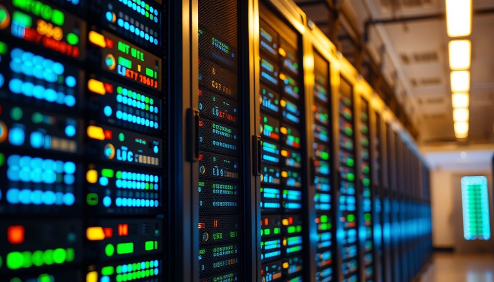 Photorealistic photo of A high-tech server room with rows of racks flashing blue and green LED lights., close-up detail with shallow depth of field, warm golden light, calm mood, 16:9 aspect ratio