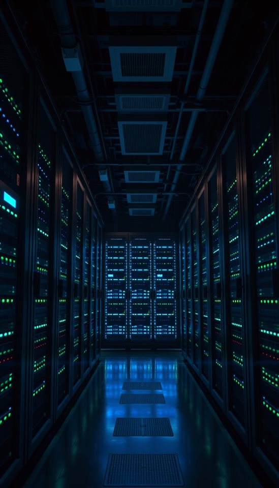 Photorealistic photo of A high-tech server room with rows of racks flashing blue and green LED lights., wide shot with open space at the top for text, moody dark tones, dramatic lighting, 9:16 aspect ratio