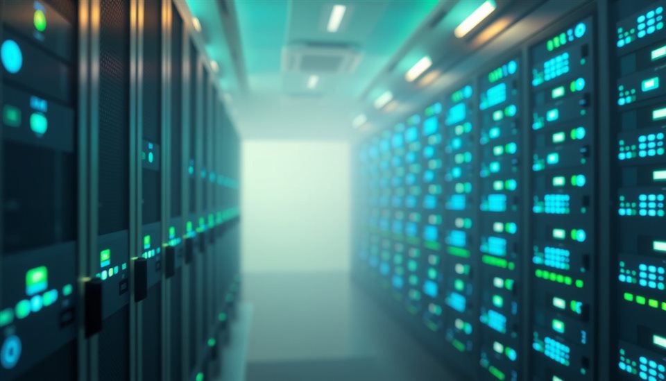 Soft 3D render of A high-tech server room with rows of racks flashing blue and green LED lights., close-up detail with shallow depth of field, misty morning haze, dreamy, 16:9 aspect ratio