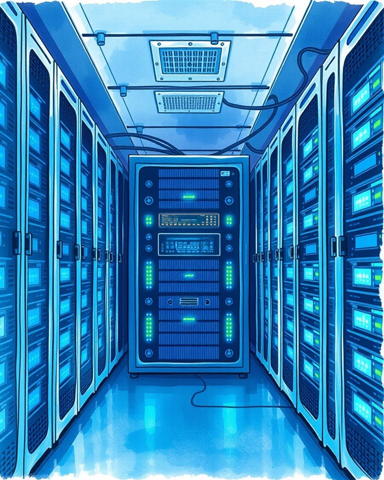 Watercolor illustration of A high-tech server room with rows of racks flashing blue and green LED lights., centered subject with a simple uncluttered composition, cool blue tones, quiet atmosphere, 4:5 aspect ratio