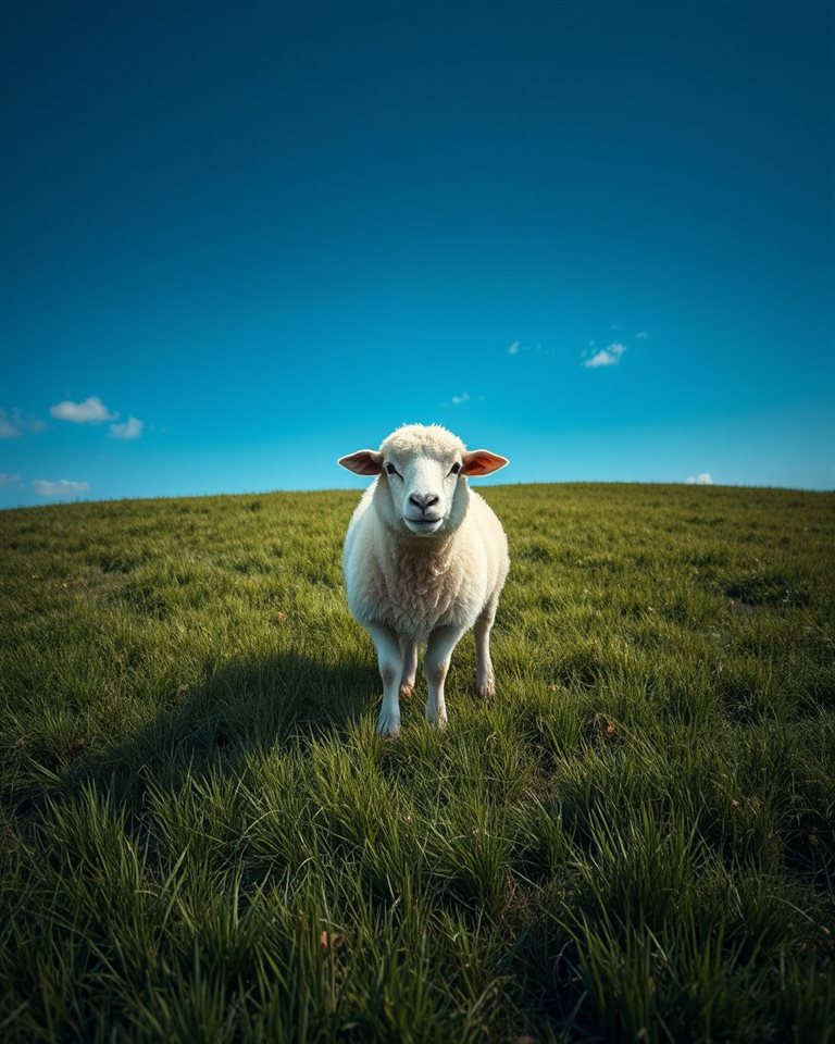 Photorealistic photo of A fluffy white sheep peacefully grazing on a lush green meadow under a bright blue sky., wide shot with open space at the top for text, moody dark tones, dramatic lighting, 4:5 aspect ratio