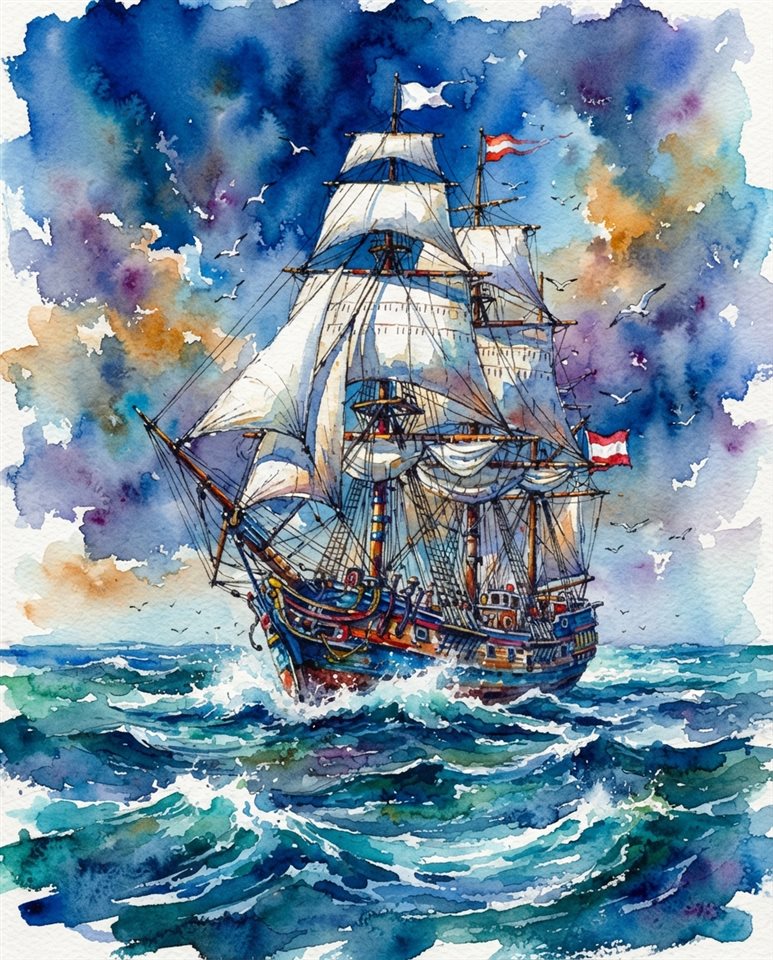 Watercolor illustration of a large ship on the open sea, centered subject with a simple uncluttered composition, vivid colors, high contrast, energetic, 4:5 aspect ratio