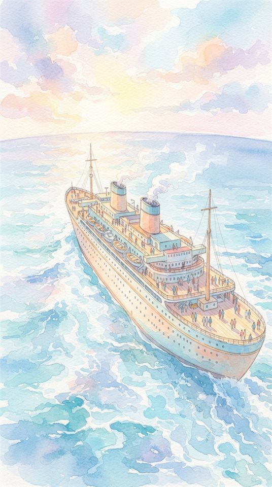 Watercolor illustration of a large ship on the open sea, high-angle view from above, soft pastel colors, bright and cozy, 9:16 aspect ratio