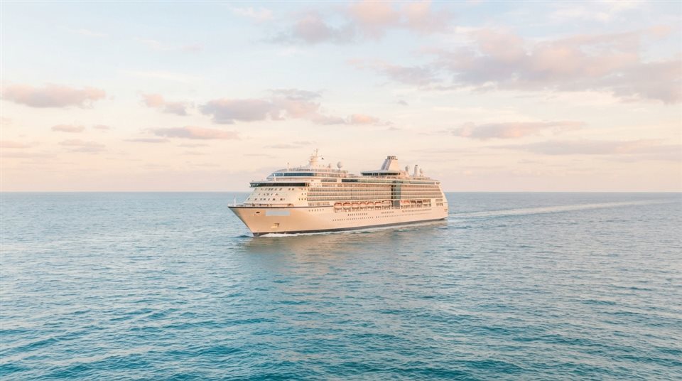 Photorealistic photo of a large ship on the open sea, centered subject with a simple uncluttered composition, soft pastel colors, bright and cozy, 16:9 aspect ratio