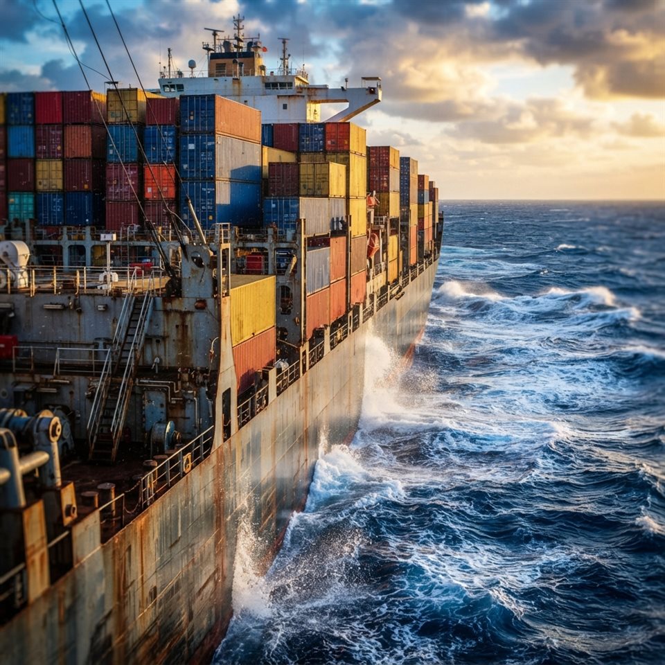 Photorealistic photo of a large ship on the open sea, close-up detail with shallow depth of field, vivid colors, high contrast, energetic, 1:1 aspect ratio