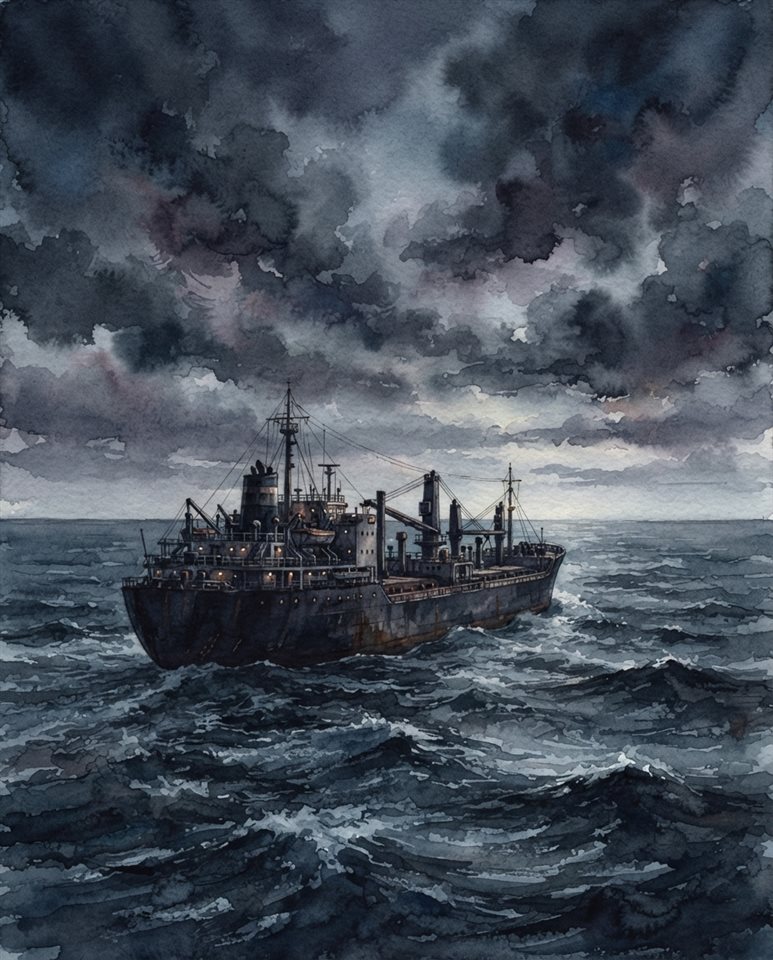 Watercolor illustration of a large ship on the open sea, wide shot with open space at the top for text, moody dark tones, dramatic lighting, 4:5 aspect ratio