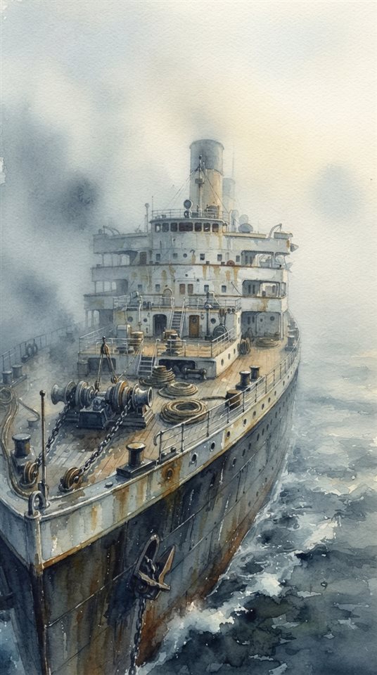 Watercolor illustration of a large ship on the open sea, close-up detail with shallow depth of field, misty morning haze, dreamy, 9:16 aspect ratio