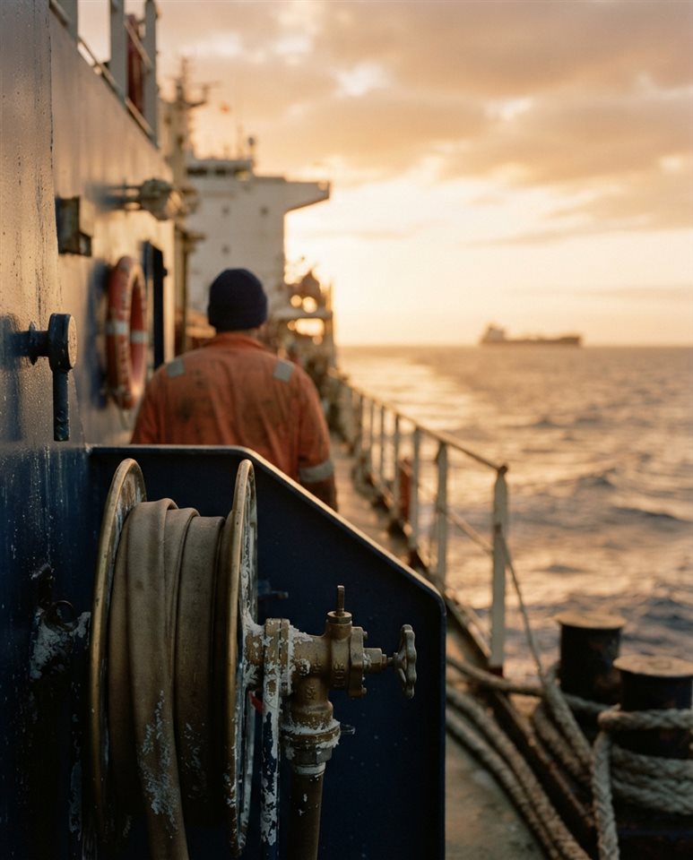 Cinematic film still of a large ship on the open sea, close-up detail with shallow depth of field, warm golden light, calm mood, 4:5 aspect ratio
