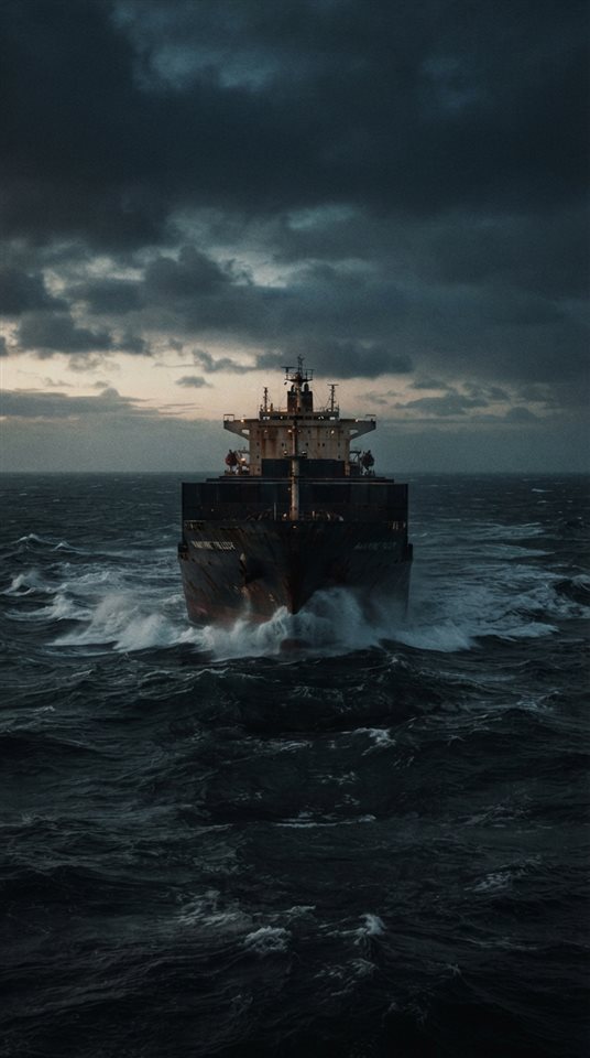 Cinematic film still of a large ship on the open sea, centered subject with a simple uncluttered composition, moody dark tones, dramatic lighting, 9:16 aspect ratio