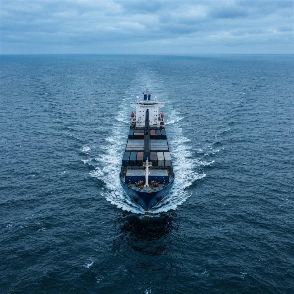 Photorealistic photo of a large ship on the open sea, high-angle view from above, cool blue tones, quiet atmosphere, 1:1 aspect ratio