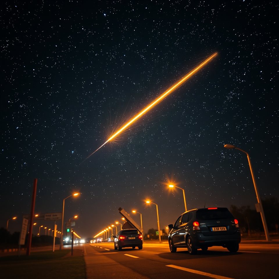 Photorealistic photo of A brilliant shooting star streak across a dark night sky filled with countless bright stars, close-up detail with shallow depth of field, warm golden light, calm mood, 1:1 aspect ratio