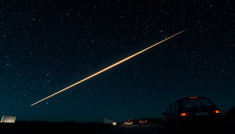 Cinematic film still of A brilliant shooting star streak across a dark night sky filled with countless bright stars, centered subject with a simple uncluttered composition, vivid colors, high contrast, energetic, 16:9 aspect ratio