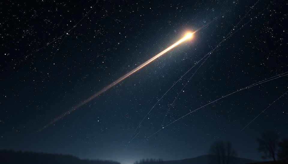 Soft 3D render of A brilliant shooting star streak across a dark night sky filled with countless bright stars, high-angle view from above, misty morning haze, dreamy, 16:9 aspect ratio
