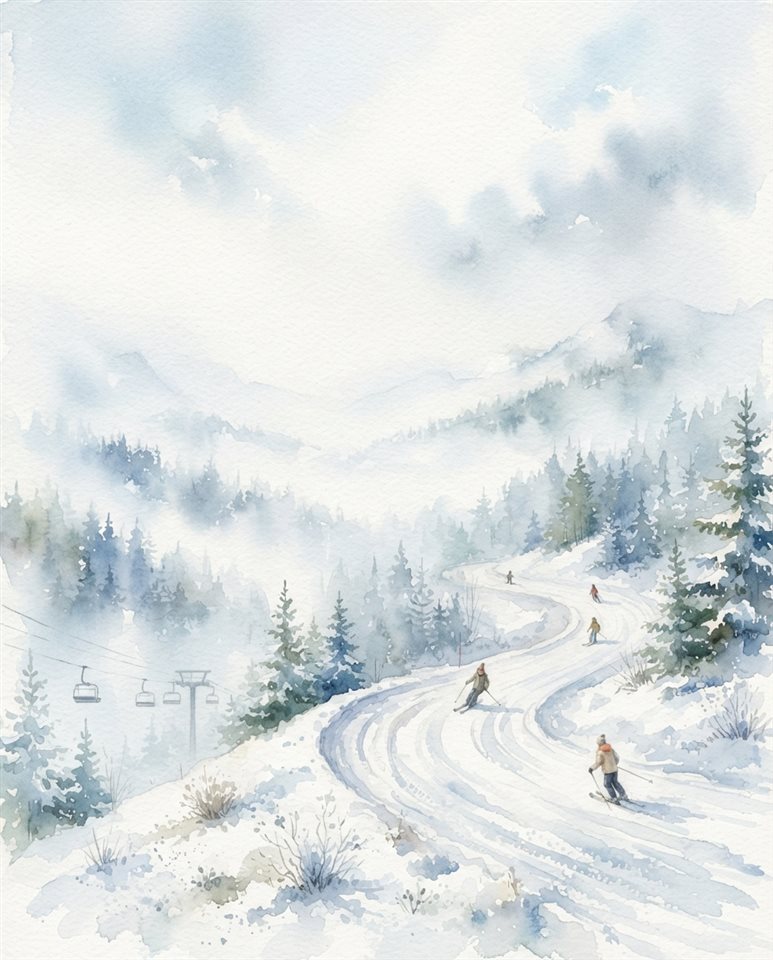 積雪的滑雪場坡道水彩插圖，寬景構圖上方留有文字空間，清晨薄霧，夢幻氛圍，4:5比例