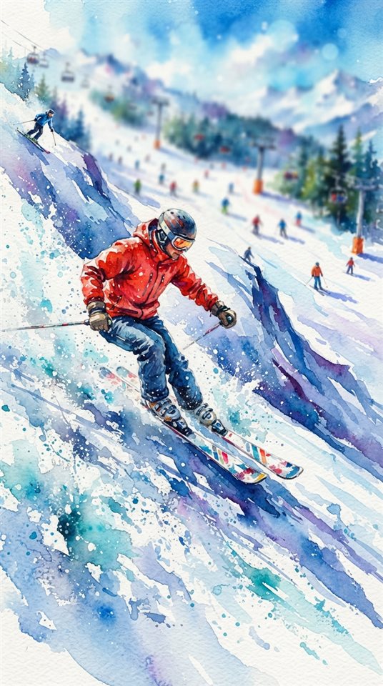 Watercolor illustration of a snowy ski slope, close-up detail with shallow depth of field, vivid colors, high contrast, energetic, 9:16 aspect ratio